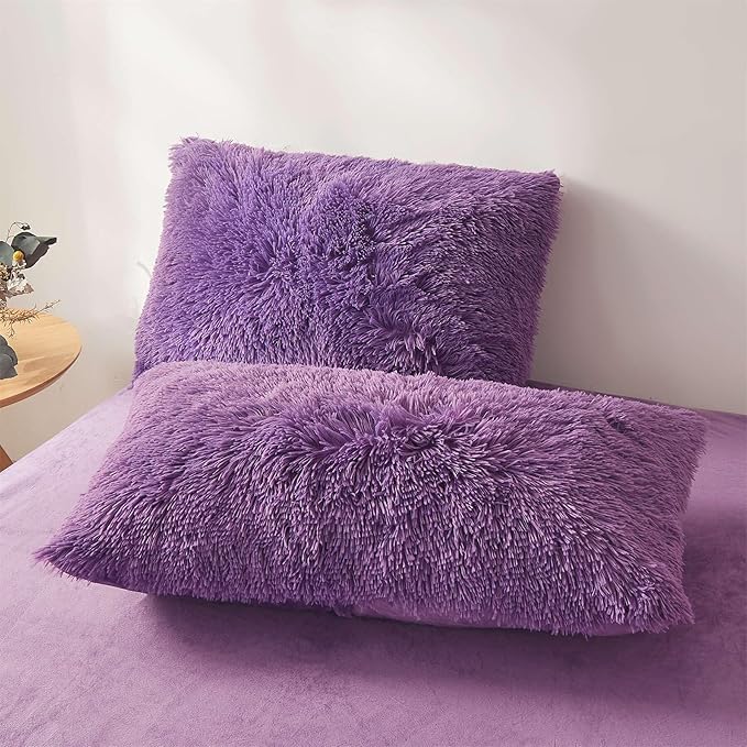 FOPPA Dark Purple fluffy Comforter Cover Set king- Ultra Soft fluffy Purple Bedding Sets 3 Pieces (1 Duvet Cover + 2 Pillow case) pink fluffy bed set (Dark Purple, King) - LeafyLoom