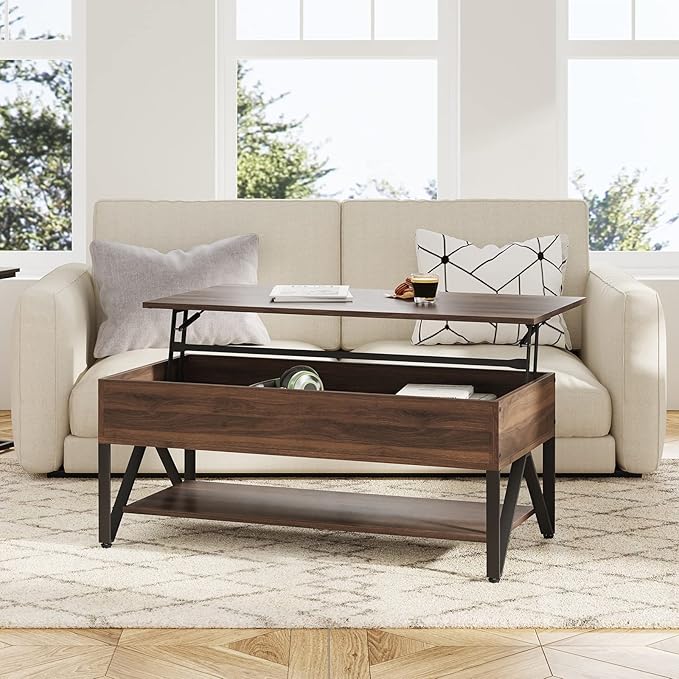 Novilla Lift Top Coffee Table with Storage 40 Inch Wood Lift Up Center Table for Living Room Tea Table with Hidden Compartment Rising Tabletop Table Cocktail Table, Walnut - LeafyLoom
