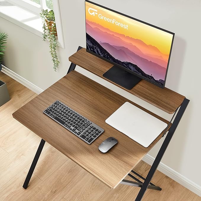 GreenForest Folding Desk No Assembly Required Large Size, 2-Tier Foldable Computer Desk with Shelf for Home Office, Space Saving Portable Laptop Study Foldable Table for Bedroom, Espresso - LeafyLoom