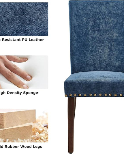 COLAMY Upholstered Parsons Dining Chairs Set of 4, Fabric Dining Room Kitchen Side Chair with Nailhead Trim and Wood Legs - Dark Blue - LeafyLoom