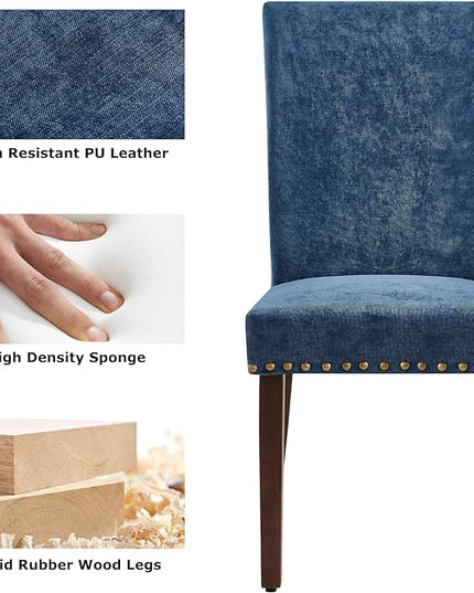 COLAMY Upholstered Parsons Dining Chairs Set of 4, Fabric Dining Room Kitchen Side Chair with Nailhead Trim and Wood Legs - Dark Blue - LeafyLoom