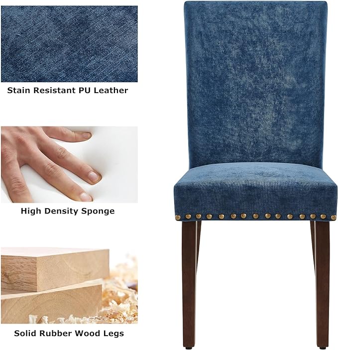 COLAMY Upholstered Parsons Dining Chairs Set of 4, Fabric Dining Room Kitchen Side Chair with Nailhead Trim and Wood Legs - Dark Blue - LeafyLoom