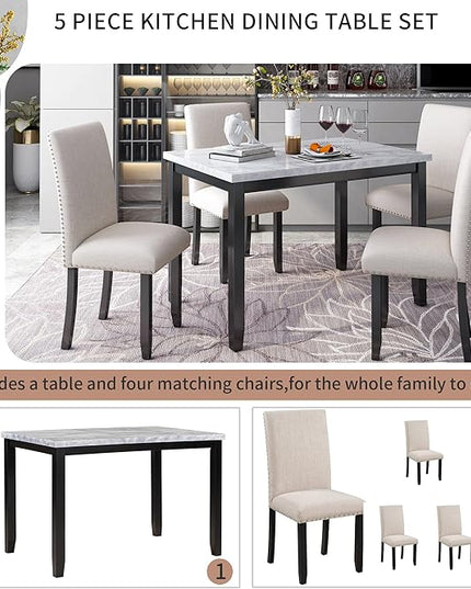 5 Piece Faux Marble Dining Set with Four Thicken Cushion Chairs, Home Kitchen Furniture for 4 People, Family Candlelight Dinner Tables for Diningroom, Living Room, Beige+Black - LeafyLoom