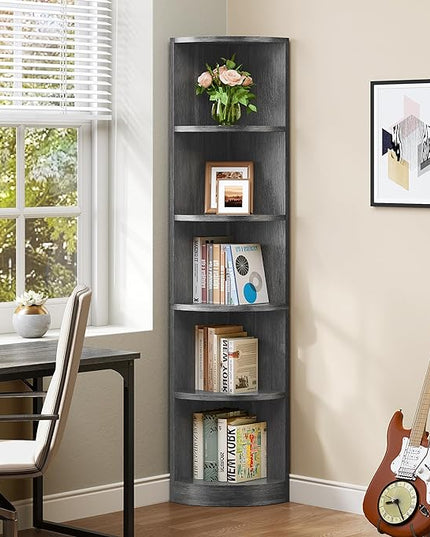 YITAHOME 70.8" Corner Shelf, 5 Tier Corner Bookshelf and bookcase, Modern Open Free Standing Shelving Unit Wooden Display Rack Storage Shelves for Bedroom, Living Room, Home Office, Charcoal Gray - LeafyLoom