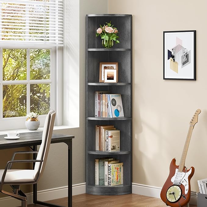 YITAHOME 70.8" Corner Shelf, 5 Tier Corner Bookshelf and bookcase, Modern Open Free Standing Shelving Unit Wooden Display Rack Storage Shelves for Bedroom, Living Room, Home Office, Charcoal Gray - LeafyLoom