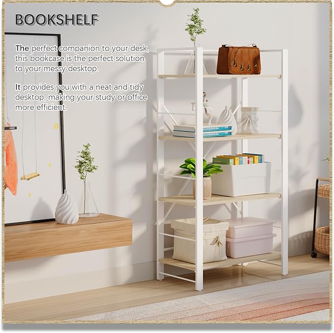 4NM Bookshelf 4 Tier Industrial Bookcase Home Office Adjustable Bookshelves Storage Shelves Organizer Vintage Book Shelf Display Rack for Living Room, Bedroom,Home - Natural - LeafyLoom