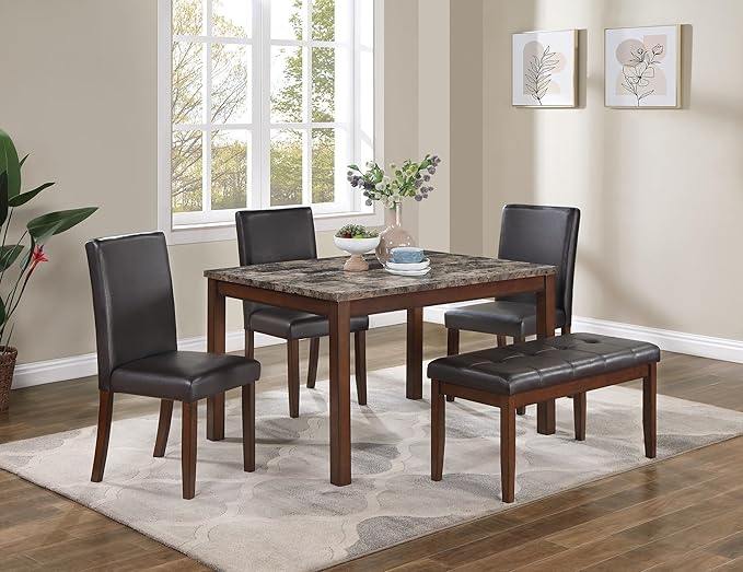 NicBex 5 Piece Dining Table Set Kitchen Table with Bench Classic Stylish 5Pc Dining Set Kitchen Dinette Faux Marble Top Table Bench and 3X Chairs Faux Leather Cushions Seats, Espresso - LeafyLoom
