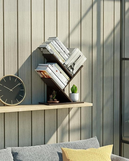 3 Tier Small Tree Bookshelf Desk Book Organizer Narrow Bookcases for Books Magazines CDs Free Standing Retro Wooden Storage Shelves for Home Office Bedroom Living Room Dark Walnut - LeafyLoom