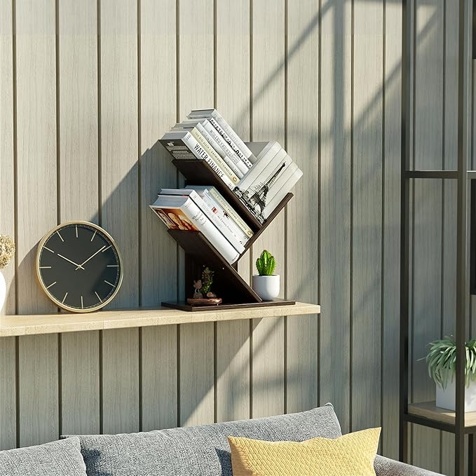 3 Tier Small Tree Bookshelf Desk Book Organizer Narrow Bookcases for Books Magazines CDs Free Standing Retro Wooden Storage Shelves for Home Office Bedroom Living Room Dark Walnut - LeafyLoom