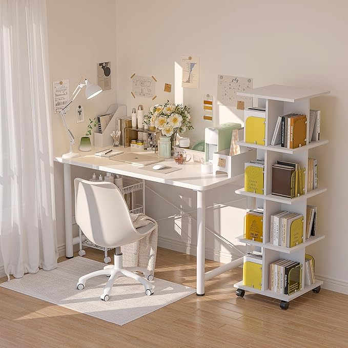 VECELO 4 Tier Rotating Bookshelf,360° Corner Display Shelf with Wheels, Book Storage with Acrylic Windows for Home Office, Living Room, Study Room, Bedroom, Small Footprint Large Capacity, White - LeafyLoom