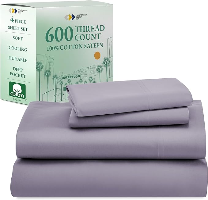 CALIFORNIA DESIGN DEN 5-Star Hotel 600 Thread Count 100% Cotton Sheets Set - Soft & Smooth Queen Sheet Set with Deep Pockets, Quality Beats Egyptian Cotton Claims (Lavender) - LeafyLoom