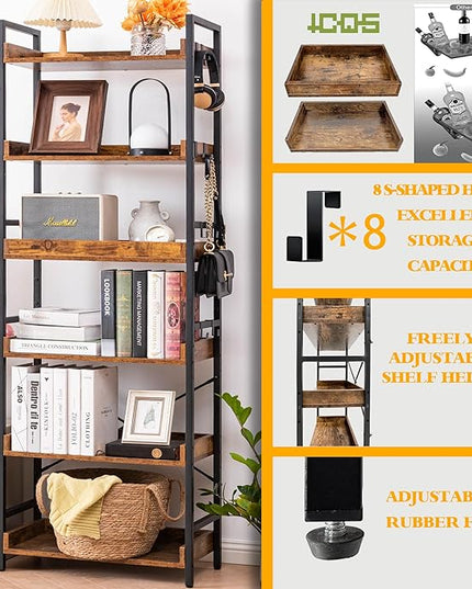 HCHQHS Adjustable 6 Tier Open Bookcase, Rustic Farmhouse Book Shelves, Industrial Wood and Black Metal Bookshelves, Mid Century Bookcase for Home Office Living Room Bedroom - LeafyLoom