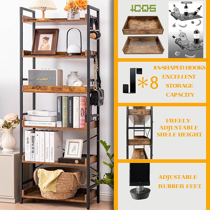 HCHQHS Adjustable 6 Tier Open Bookcase, Rustic Farmhouse Book Shelves, Industrial Wood and Black Metal Bookshelves, Mid Century Bookcase for Home Office Living Room Bedroom - LeafyLoom
