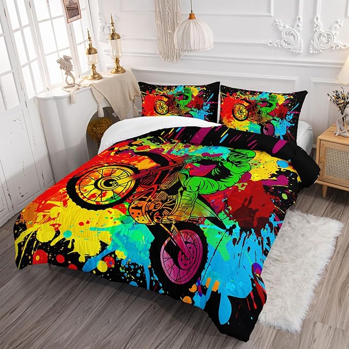 Axolotl Motocross Bedding Set Full,Dirt Bike Comforter Set,Extreme Sports Bedding,Motorcycle Racer Comforter Set Motocross Comforter Motor Vehicles Biker for Boys Kids Teens Men,1 Quilt 2 Pillowcases - LeafyLoom