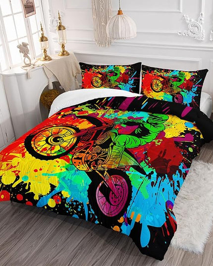 Axolotl Motocross Bedding Set Queen,Dirt Bike Comforter Set,Extreme Sports Bedding,Motorcycle Racer Comforter Set Motocross Comforter Motor Vehicles Biker For Boys Kids Teens Men,1 Quilt 2 Pillowcases - LeafyLoom