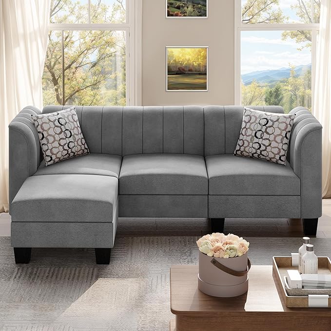 Shintenchi Upgraded Convertible Sectional Sofa Couch, 3 Seat L Shaped Sofa with High Armrest Linen Fabric Small Couch Mid Century for Living Room, Apartment and Office (Light Grey) - LeafyLoom
