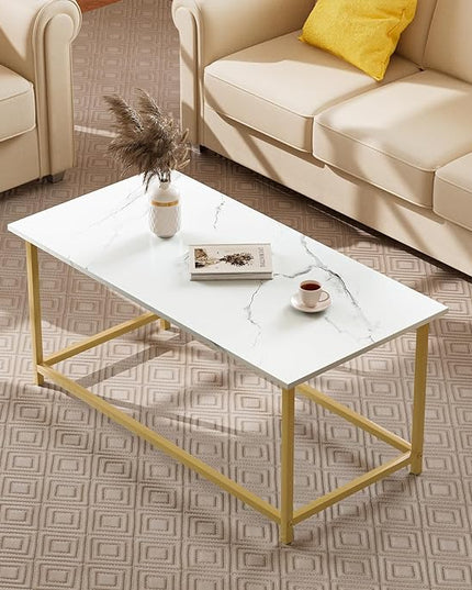 SAYGOER White Faux Marble Coffee Table Simple Modern Rectangular Coffee Tables Open Design Minimalist Center Table for Living Room Office, 39.37 x 19.69 x 17.72, White Gold - LeafyLoom
