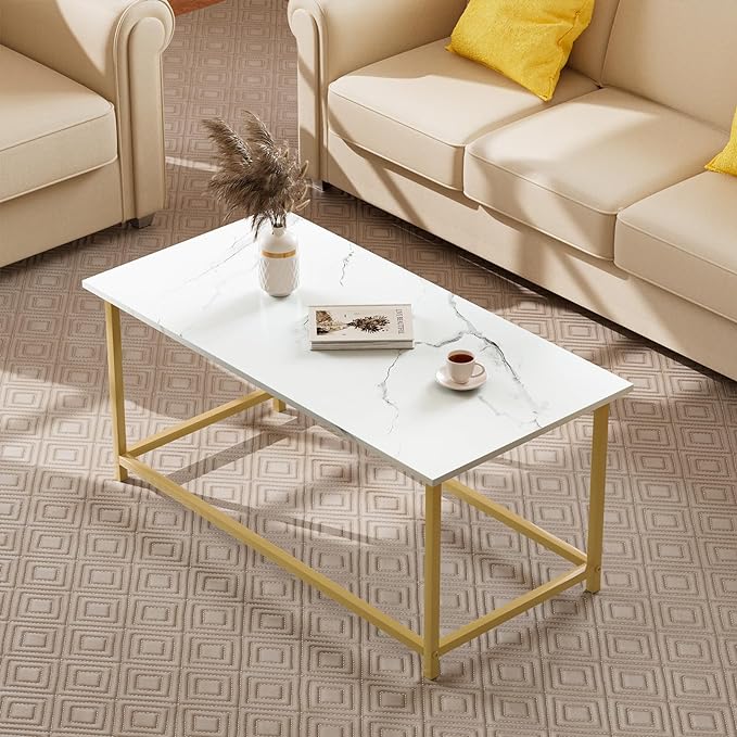 SAYGOER White Faux Marble Coffee Table Simple Modern Rectangular Coffee Tables Open Design Minimalist Center Table for Living Room Office, 39.37 x 19.69 x 17.72, White Gold - LeafyLoom