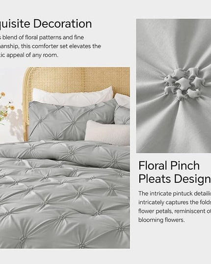 BEDELITE Grey King Size Comforter Set - 3 Pieces Boho Pintuck Bedding Comforter Sets, Lightweight Soft & Warm King Bedding Set with 2 Pillowcases for All Season - LeafyLoom