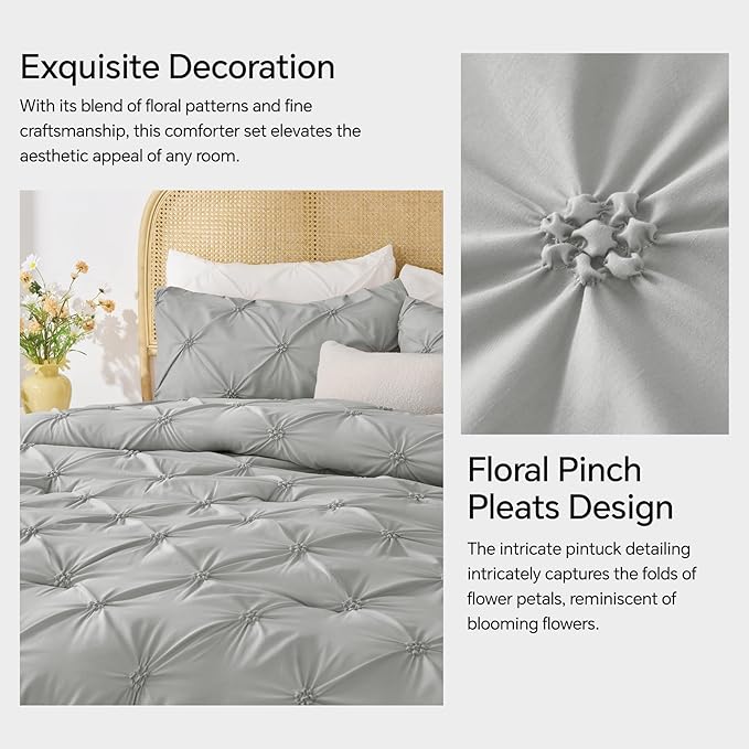 BEDELITE Grey King Size Comforter Set - 3 Pieces Boho Pintuck Bedding Comforter Sets, Lightweight Soft & Warm King Bedding Set with 2 Pillowcases for All Season - LeafyLoom