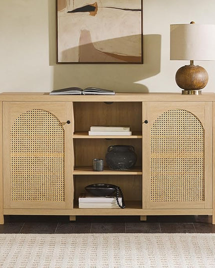 Walker Edison Boho Arched Rattan 2-Door Sideboard, 58 Inch, Coastal Oak - LeafyLoom