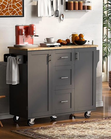Kitchen Island with Storage, Spice Rack & Tower Rack, Mobile Rolling Kitchen-Cart on Wheels w/Rubber Wood Top, 3 Drawer, 2 Slide-Out Shelf and Internal Storage Rack - LeafyLoom