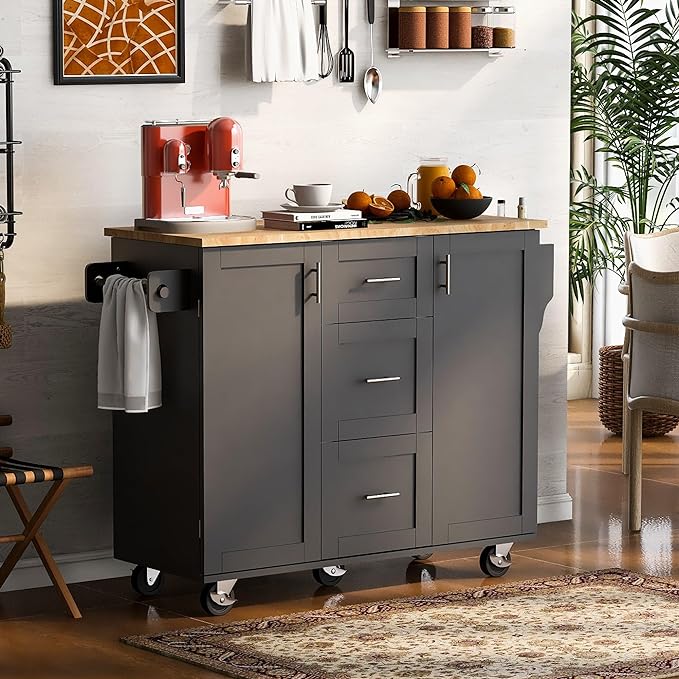 Kitchen Island with Storage, Spice Rack & Tower Rack, Mobile Rolling Kitchen-Cart on Wheels w/Rubber Wood Top, 3 Drawer, 2 Slide-Out Shelf and Internal Storage Rack - LeafyLoom