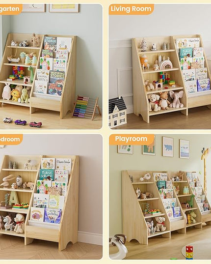 Kids Bookshelf, Solid Wood Bookshelf Bookcase Storage Organizer for Children, 4 Tier Bookshelf 5 Layer Sling Bookcase Toddler Book Rack Storage Organizer for Kids Room Nursery Play Room Kindergarten - LeafyLoom