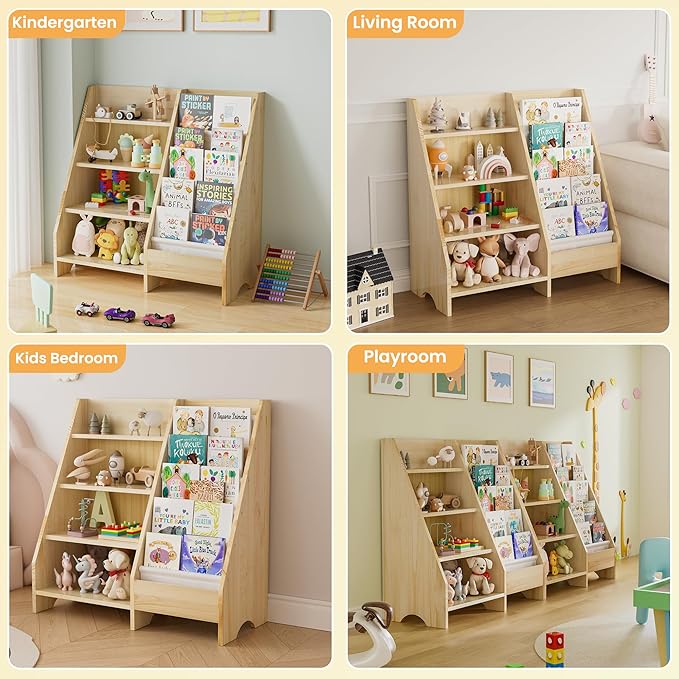Kids Bookshelf, Solid Wood Bookshelf Bookcase Storage Organizer for Children, 4 Tier Bookshelf 5 Layer Sling Bookcase Toddler Book Rack Storage Organizer for Kids Room Nursery Play Room Kindergarten - LeafyLoom