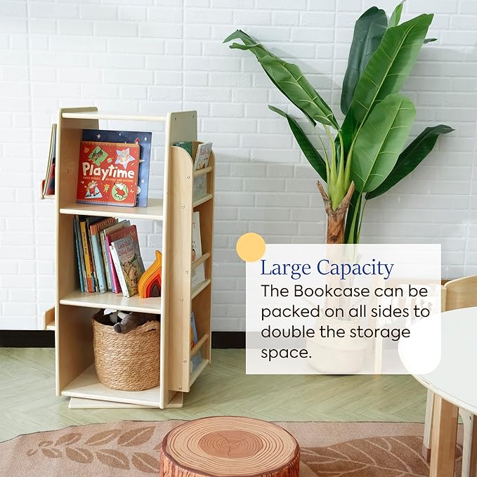 360 Degrees Rotating Bookcase Storage Organizer Wooden Display Bookshelf 3 Tier Floor Standing Bookshelves Open Design Storage Rack for Kids Children's Natural - LeafyLoom