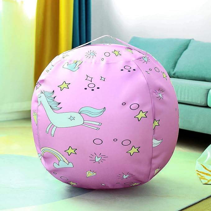2-Pack Stuffed Animal Storage Bean Bag Chairs Toy Storage Organizer Bean Bags Chair Covers Only for Kids 24" Beanbag with Zipper for Organizing Kid's and Adults Room, Pink White Unicorn - LeafyLoom
