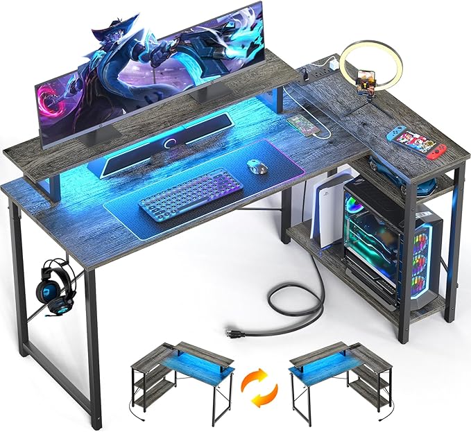 Homieasy L Shaped Gaming Desk with Power Outlet & LED Light, 55 Inch Computer Desk with Storage Shelves, Reversible Corner Desk with Monitor Stand Headset Hooks for Home Office, Black Oak - LeafyLoom