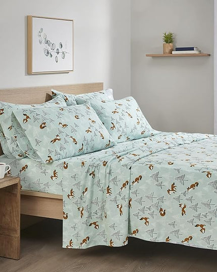 Comfort Spaces Cotton Flannel Breathable Warm Deep Pocket Sheets with Pillow Case Bedding, Twin XL, Seafoam Foxes 3 Piece - LeafyLoom