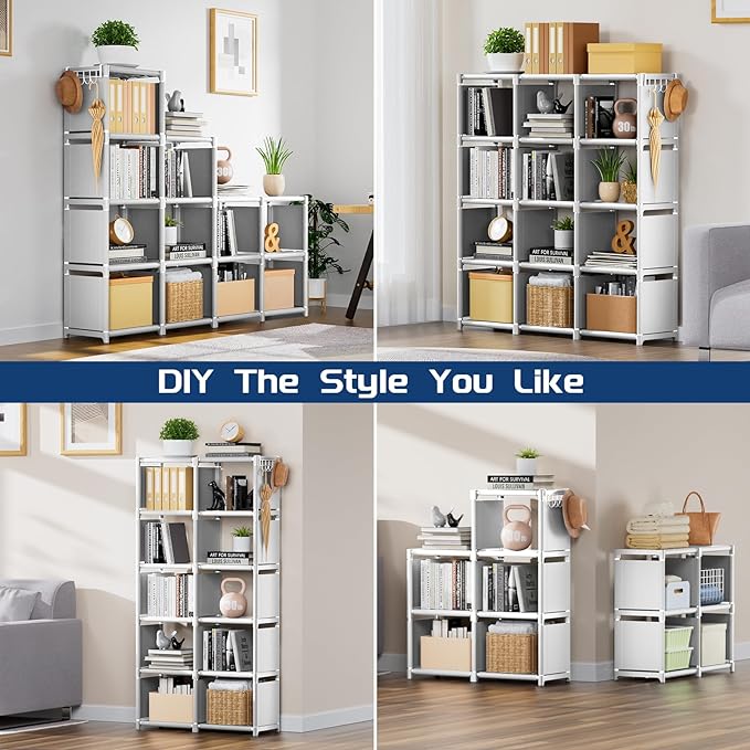 Mavivegue Book Shelf, 12 Cube Storage Organizer, DIY Bookcase, Metal Cube Bookshelf,Tall Book case for Bedroom, Living Room,Office,Closet Storage Organizer, White Cubicle Storage Rack - LeafyLoom