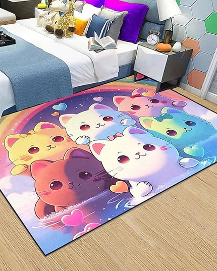 Rainbow Cat Rug for Girls - Colorful Cat Rug for Kids Bedroom Cute Cartoon Cat Pattern Rug Lovely Cat Rugs Room Decor Anime Cat Area Rug, 2.5x4 Feet - LeafyLoom