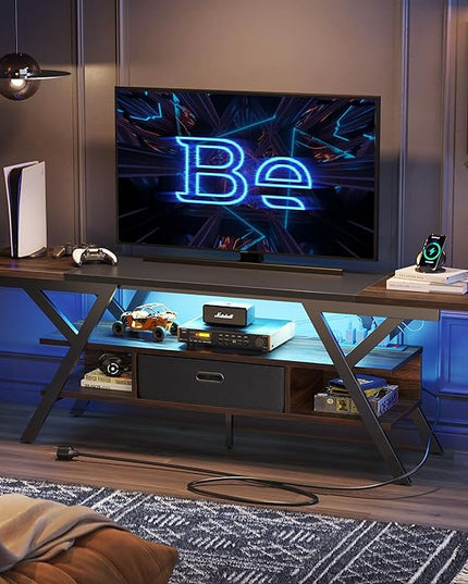 Bestier 70 Inch Gaming Tv Stands for Living Room with Power Outlet for TVs up to 75", Black Entertainment Center with Led Lights for Living Room Bedroom. Walnut - LeafyLoom