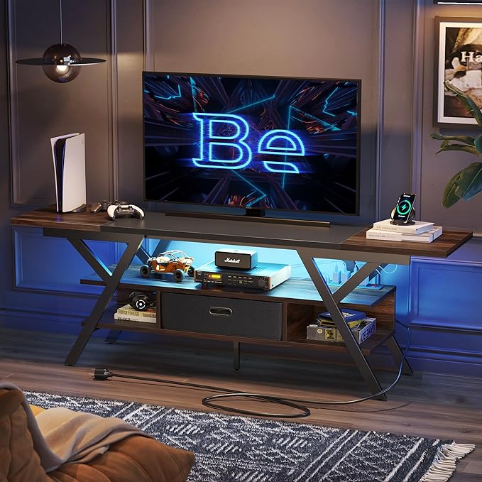 Bestier 70 Inch Gaming Tv Stands for Living Room with Power Outlet for TVs up to 75", Black Entertainment Center with Led Lights for Living Room Bedroom. Walnut - LeafyLoom