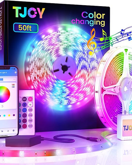 TJOY 50ft Bluetooth LED Strip Lights, Music Sync 5050 LED Light Strip RGB Color Changing LED Lights Strip with Phone Remote, LED Lights for Bedroom Kitchen TV Party TIKTOK DIY (APP+Remote +Mic) TJOY