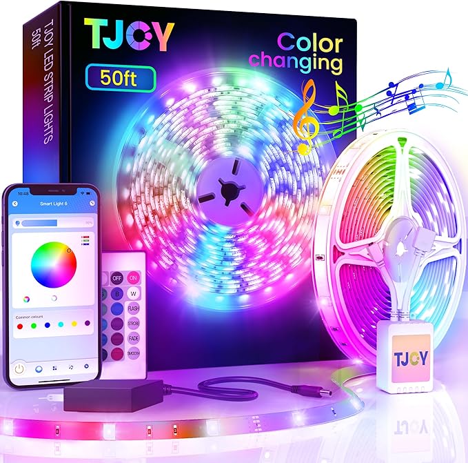 TJOY 50ft Bluetooth LED Strip Lights, Music Sync 5050 LED Light Strip RGB Color Changing LED Lights Strip with Phone Remote, LED Lights for Bedroom Kitchen TV Party TIKTOK DIY (APP+Remote +Mic) TJOY