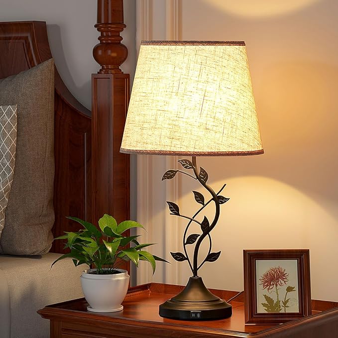 Kakanuo USB Touch Table Lamp Bedside Lamp with USB C Charging Ports for Living Room, Beige 3 Way Dimmable Traditional Nightstand Lamp Retro Table Lamp for Bedroom and Office (LED Bulb Included) - LeafyLoom
