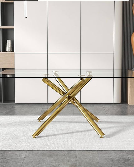 NicBex Large Modern Minimalist Rectangular Glass Dining Table for 6-8 with 0.39" Tempered Glass Tabletop and Golden Metal Legs for Kitchen Dining Living Meeting Room Banquet Hall, Golden - LeafyLoom