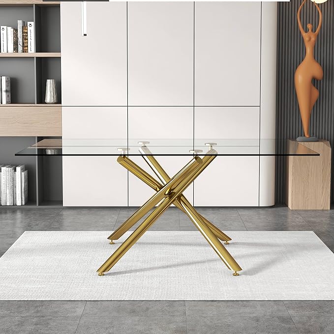 NicBex Large Modern Minimalist Rectangular Glass Dining Table for 6-8 with 0.39" Tempered Glass Tabletop and Golden Metal Legs for Kitchen Dining Living Meeting Room Banquet Hall, Golden - LeafyLoom