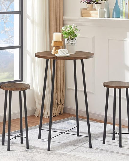 VECELO Small Bar Table and Chairs, Round Bistro Sets with 2 barstools, 3-Piece Pub Dining Furniture, Counter Height Wood Top for Breakfast Dinner Coffee Nap Conference, Easy Assembly - LeafyLoom
