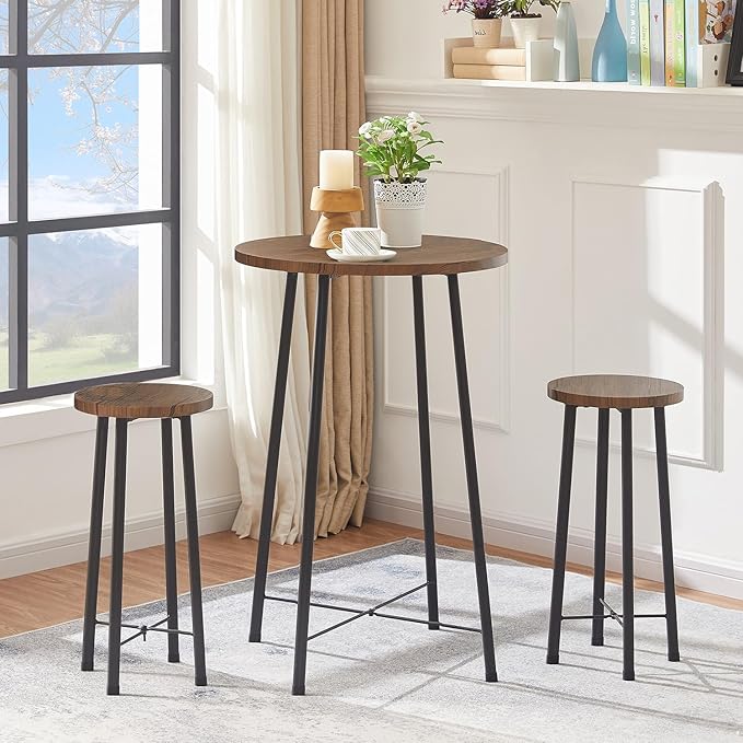 VECELO Small Bar Table and Chairs, Round Bistro Sets with 2 barstools, 3-Piece Pub Dining Furniture, Counter Height Wood Top for Breakfast Dinner Coffee Nap Conference, Easy Assembly - LeafyLoom