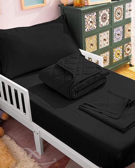 NTBAY Toddler Bedding Set - 4 Piece Soft and Breathable Crib Bedding Set for Boys and Girls, Includes Quilted Comforter, Fitted Sheet, Flat Top Sheet and Envelope Pillowcase, Black - LeafyLoom