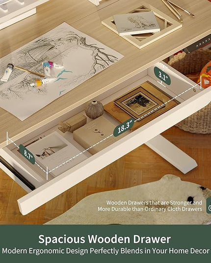 FEZIBO Standing Desk with Drawers, 48 x 25 Inch Adjustable Height Stand Up Desk with Storage Shelf, Home Office Desk with Monitor Stand, Light Walnut - LeafyLoom