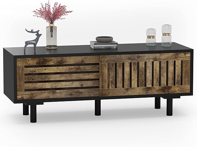 Mid-Century Modern TV Stand, Glossy Black TV Console with Sliding Doors, TV Console with Large Storage, Entertainment Center with Sturdy Solid Wood Legs, Living Room&Bedroom, Brown&Black - LeafyLoom