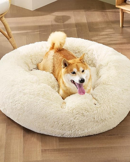 Bedsure Calming Dog Bed for Medium Dogs - Donut Washable Medium Pet Bed, Anti-Slip Round Fluffy Plush Faux Fur Cat Bed, Fits up to 45 lbs Pets, Oat Milk, 30 inches BEDSURE