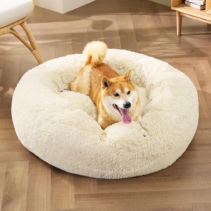 Bedsure Calming Dog Bed for Medium Dogs - Donut Washable Medium Pet Bed, Anti-Slip Round Fluffy Plush Faux Fur Cat Bed, Fits up to 45 lbs Pets, Oat Milk, 30 inches BEDSURE