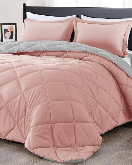 downluxe Queen Comforter Set - Pink and Grey Queen Comforter, Soft Bedding Sets for All Seasons - 3 Pieces - 1 Comforter (88"x92") and 2 Pillow Shams(20"x26") - LeafyLoom